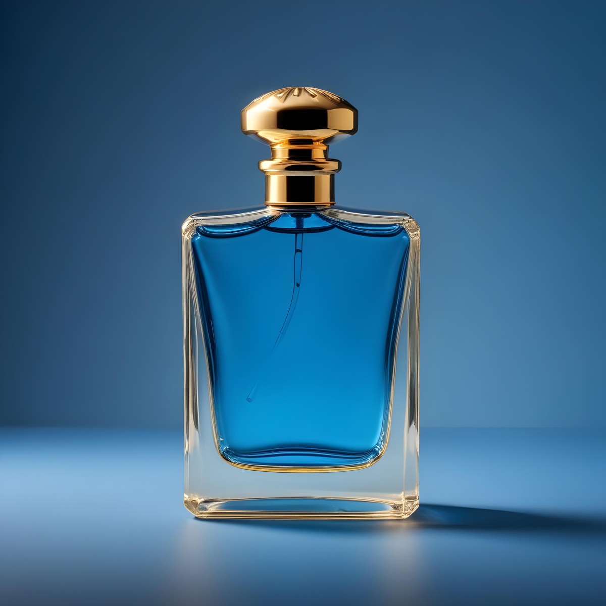 Minimal Soft Studio Light Photography A Blue Glass Perfume Bottle With A Gold Cap Against A Blue Background High Detail Solid Bold Color Background 9 68f4