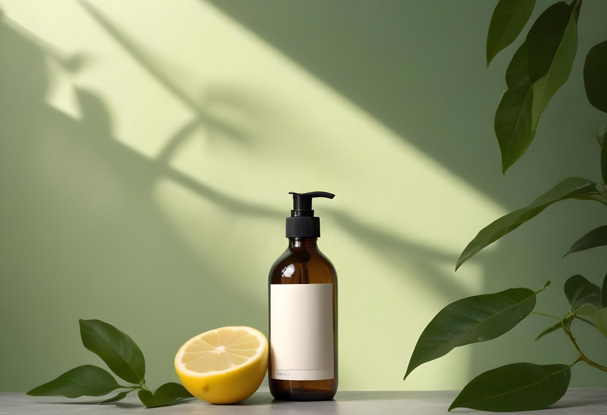 Minimal Soft Studio Light Photography A Brown Glass Pump Bottle With A Blank Label Placed On A Surface Next To A Halved Lemon And Some Green Foliage The Background Features A Textured Green Wall With Soft Shadows And 5 96e1