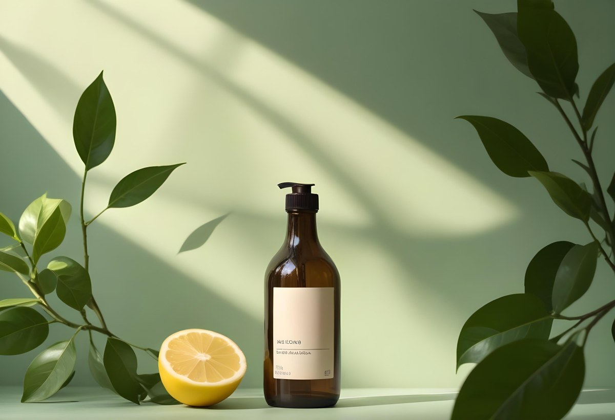 Minimal Soft Studio Light Photography A Brown Glass Pump Bottle With A Blank Label Placed On A Surface Next To A Halved Lemon And Some Green Foliage The Background Features A Textured Green Wall With Soft Shadows And 7 Acd5