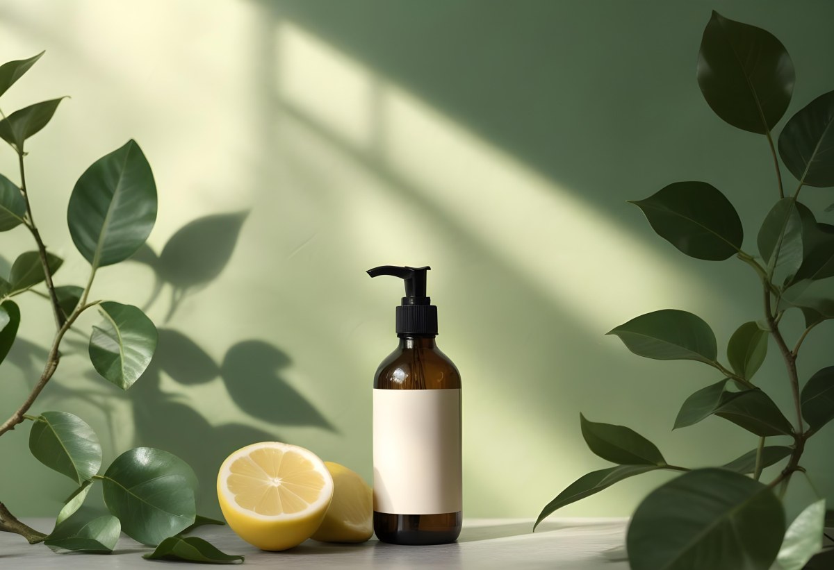 Minimal Soft Studio Light Photography A Brown Glass Pump Bottle With A Blank Label Placed On A Surface Next To A Halved Lemon And Some Green Foliage The Background Features A Textured Green Wall With Soft Shadows And 8 B1de