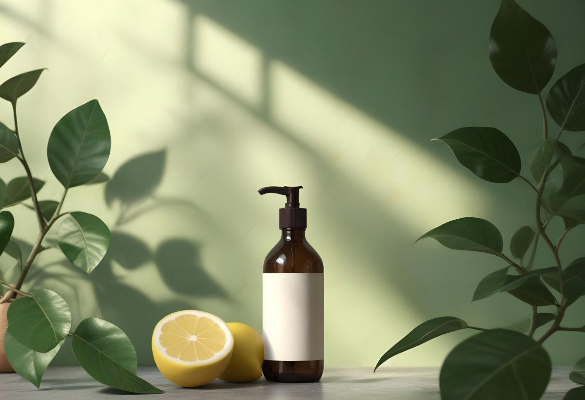 Minimal Soft Studio Light Photography A Brown Glass Pump Bottle With A Blank Label Placed On A Surface Next To A Halved Lemon And Some Green Foliage The Background Features A Textured Green Wall With Soft Shadows And 9 D6f4