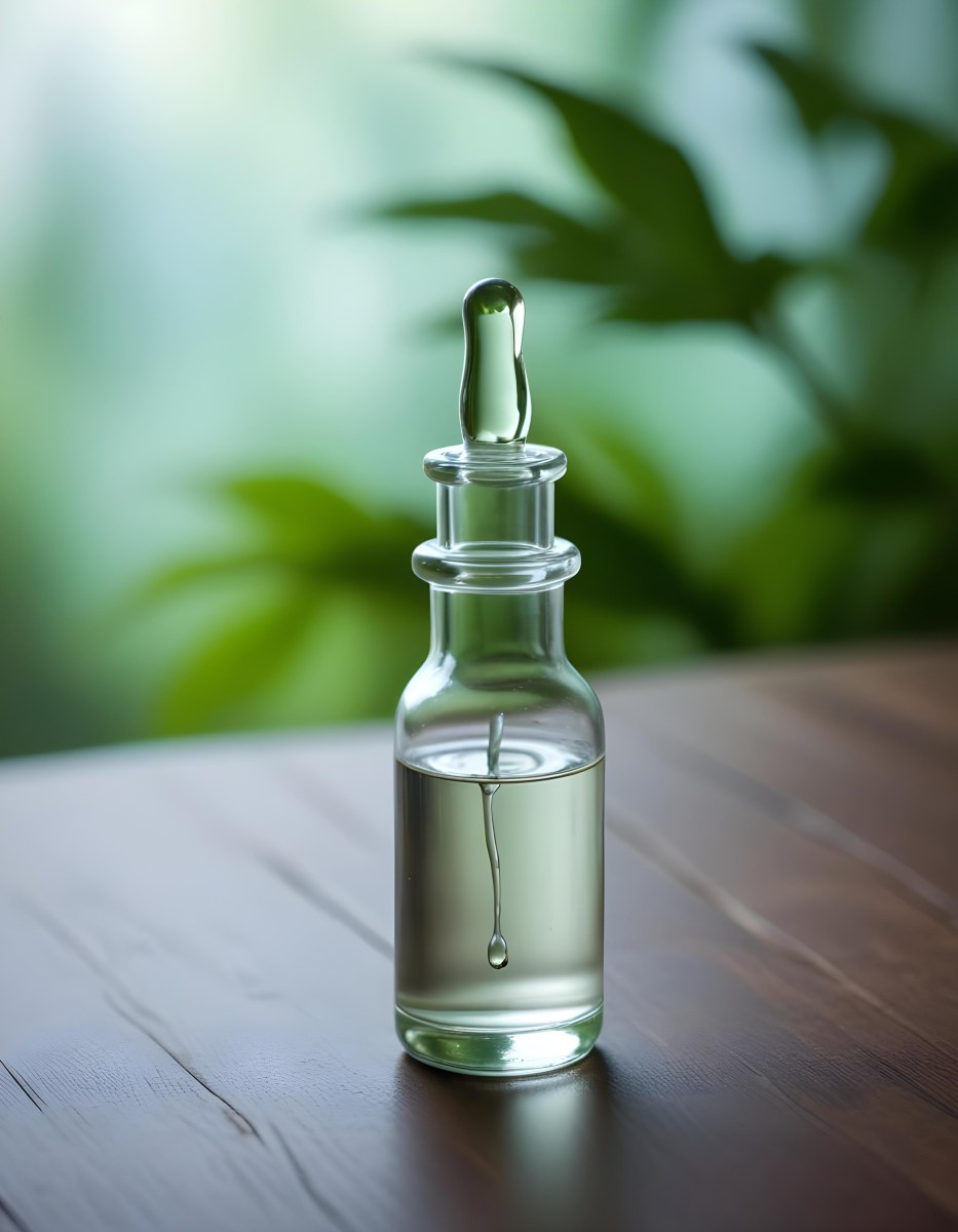 Minimal Soft Studio Light Photography A Clear Glass Dropper Bottle Filled With A Liquid Placed On A Wooden Surface The Background Is Softly Blurred Suggesting A Natural Setting With Greenery High Detail Solid Bol 10 6e6f