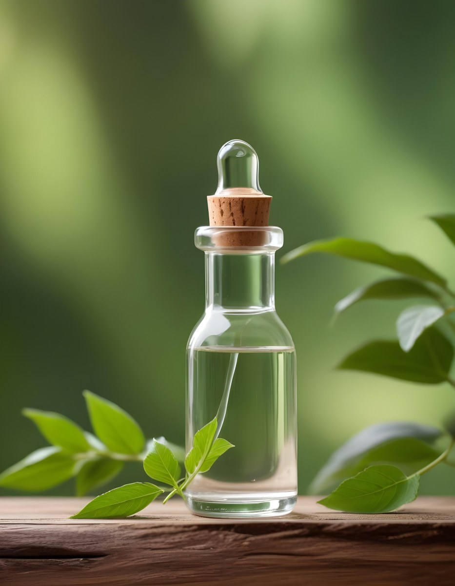 Minimal Soft Studio Light Photography A Clear Glass Dropper Bottle Filled With A Liquid Placed On A Wooden Surface The Background Is Softly Blurred Suggesting A Natural Setting With Greenery High Detail Solid Bol 11 53ca