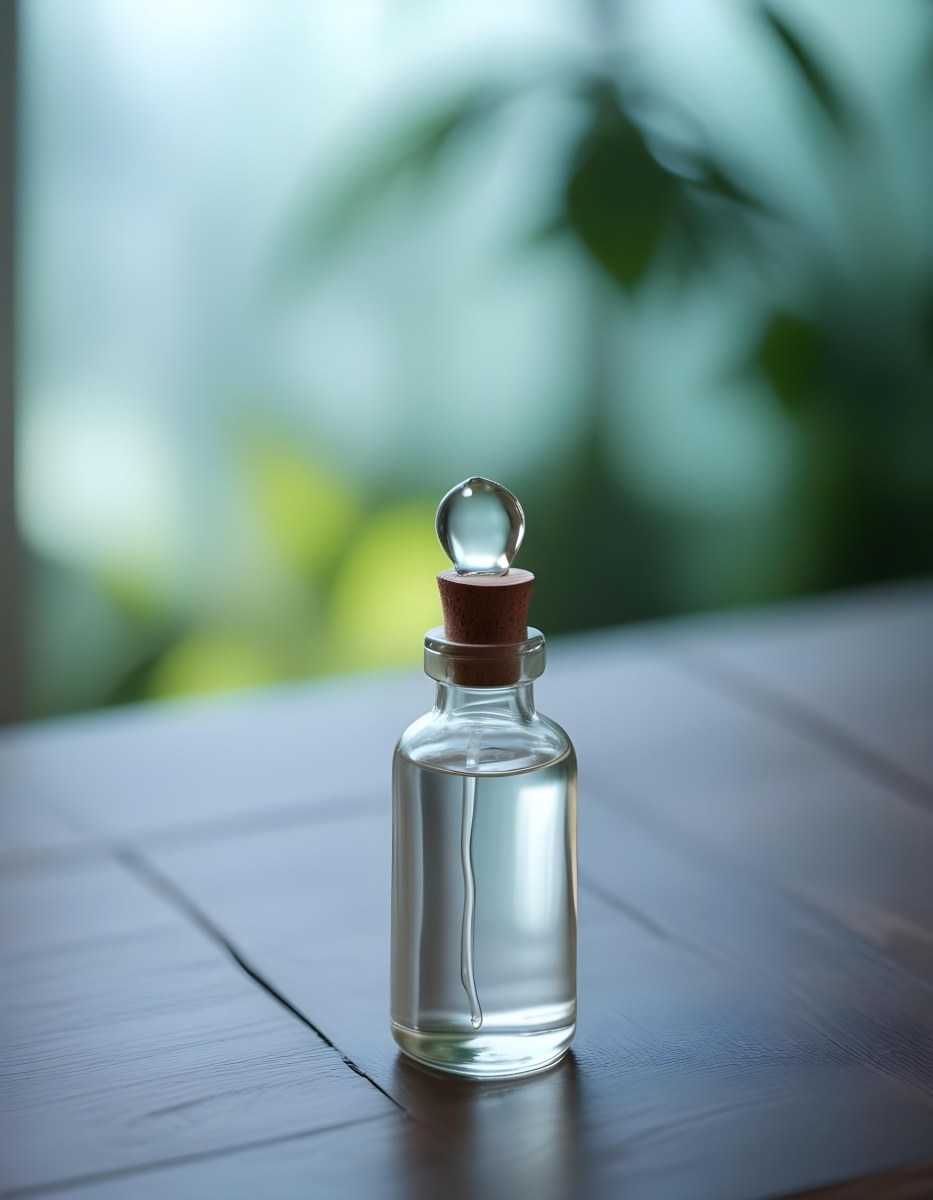 Minimal Soft Studio Light Photography A Clear Glass Dropper Bottle Filled With A Liquid Placed On A Wooden Surface The Background Is Softly Blurred Suggesting A Natural Setting With Greenery High Detail Solid Bol 12 E2a4
