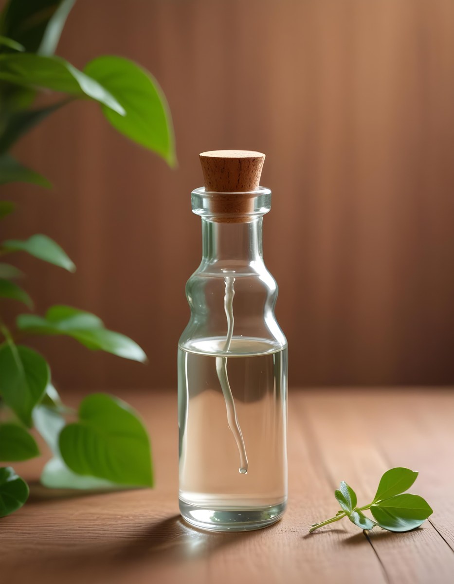 Minimal Soft Studio Light Photography A Clear Glass Dropper Bottle Filled With A Liquid Placed On A Wooden Surface The Background Is Softly Blurred Suggesting A Natural Setting With Greenery High Detail Solid Bol 13 8306