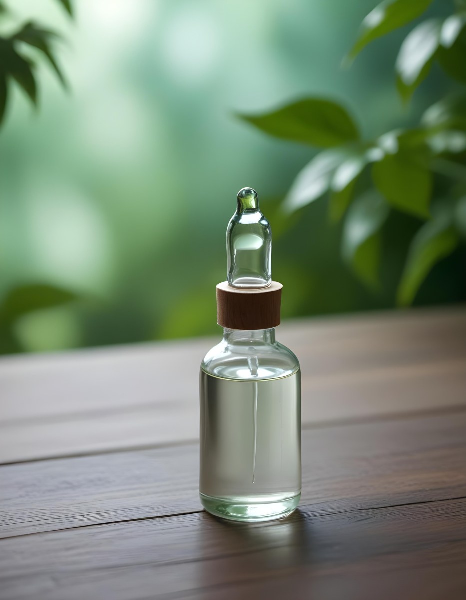 Minimal Soft Studio Light Photography A Clear Glass Dropper Bottle Filled With A Liquid Placed On A Wooden Surface The Background Is Softly Blurred Suggesting A Natural Setting With Greenery High Detail Solid Bol 14 3a92