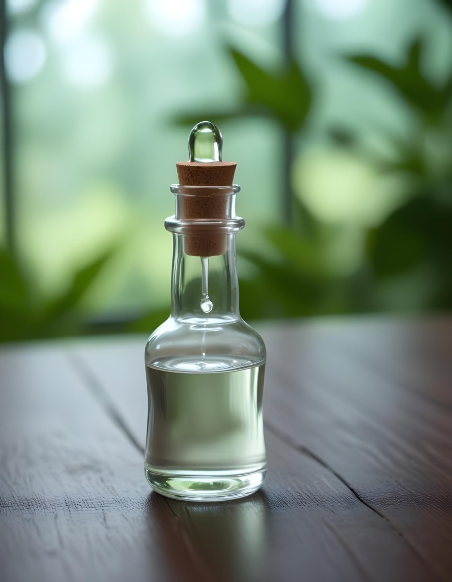 Minimal Soft Studio Light Photography A Clear Glass Dropper Bottle Filled With A Liquid Placed On A Wooden Surface The Background Is Softly Blurred Suggesting A Natural Setting With Greenery High Detail Solid Bol 17 0178