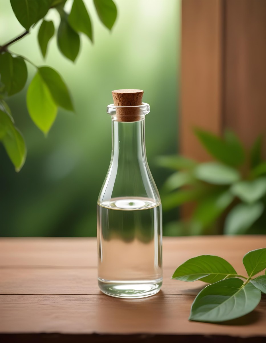 Minimal Soft Studio Light Photography A Clear Glass Dropper Bottle Filled With A Liquid Placed On A Wooden Surface The Background Is Softly Blurred Suggesting A Natural Setting With Greenery High Detail Solid Bol 18 1507