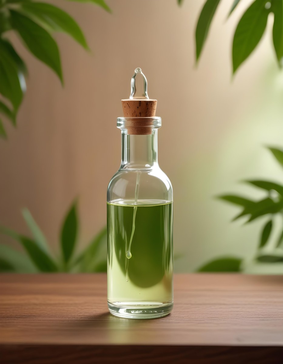 Minimal Soft Studio Light Photography A Clear Glass Dropper Bottle Filled With A Liquid Placed On A Wooden Surface The Background Is Softly Blurred Suggesting A Natural Setting With Greenery High Detail Solid Bol 19 4166