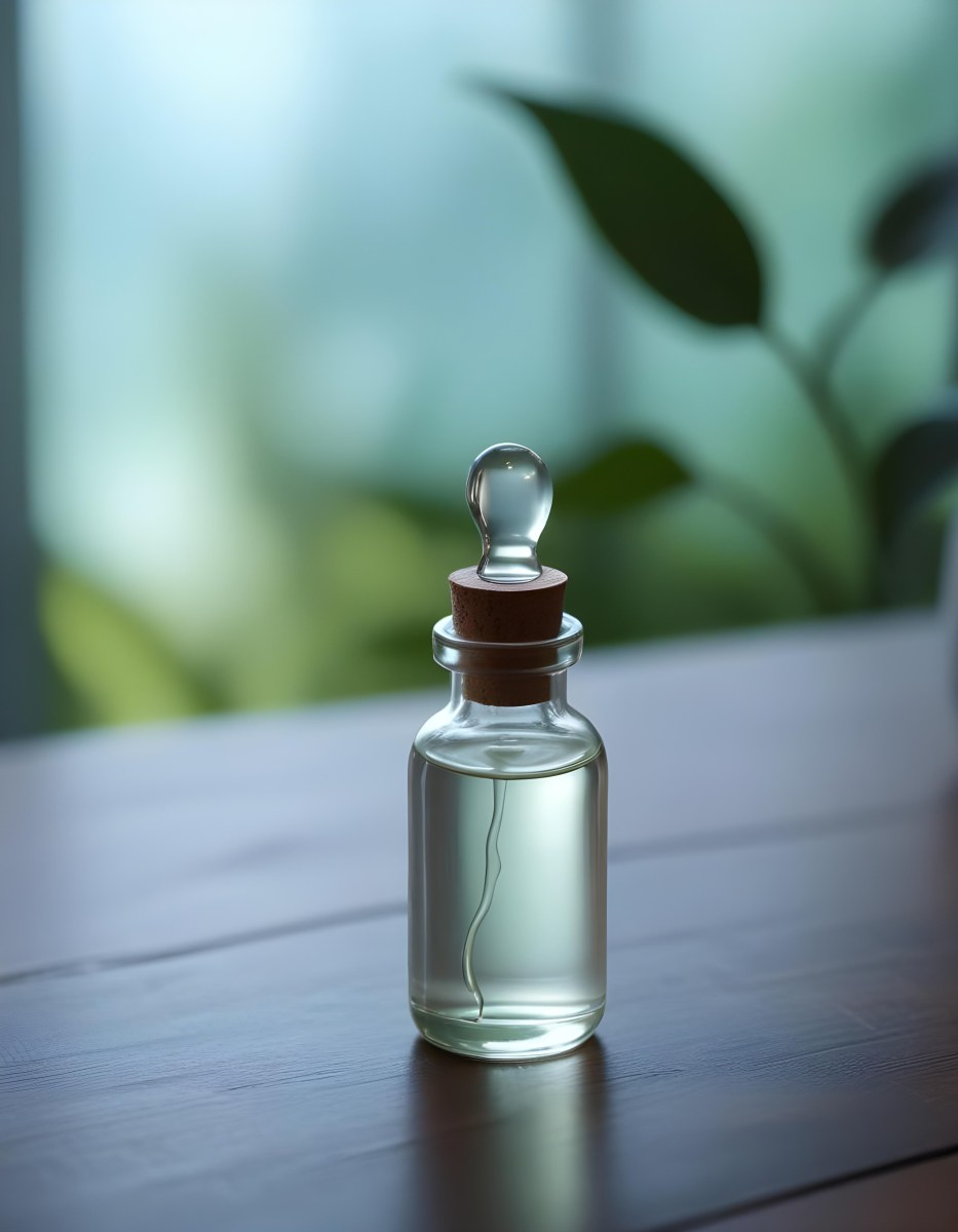 Minimal Soft Studio Light Photography A Clear Glass Dropper Bottle Filled With A Liquid Placed On A Wooden Surface The Background Is Softly Blurred Suggesting A Natural Setting With Greenery High Detail Solid Bol 20 28b0