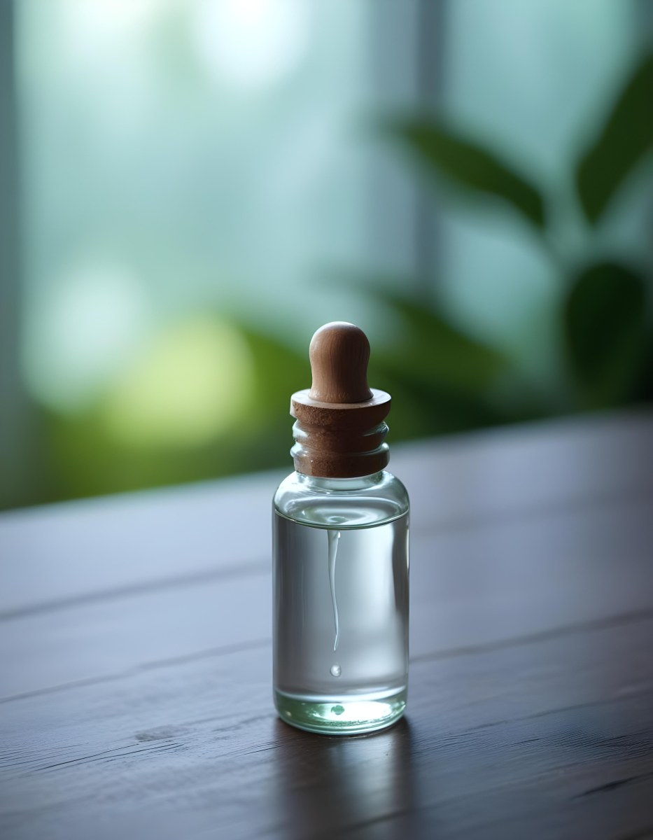 Minimal Soft Studio Light Photography A Clear Glass Dropper Bottle Filled With A Liquid Placed On A Wooden Surface The Background Is Softly Blurred Suggesting A Natural Setting With Greenery High Detail Solid Bol 21 B9e3