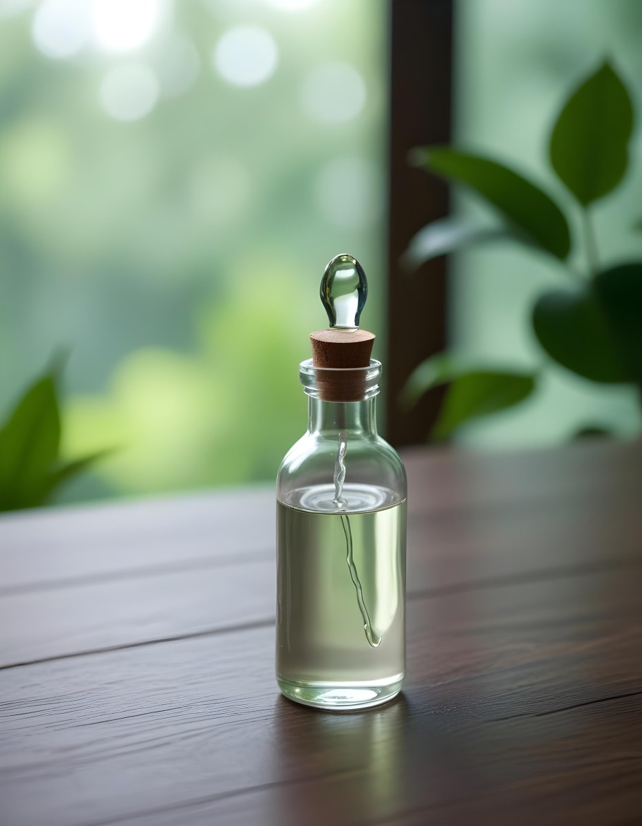 Minimal Soft Studio Light Photography A Clear Glass Dropper Bottle Filled With A Liquid Placed On A Wooden Surface The Background Is Softly Blurred Suggesting A Natural Setting With Greenery High Detail Solid Bol 22 Eab8