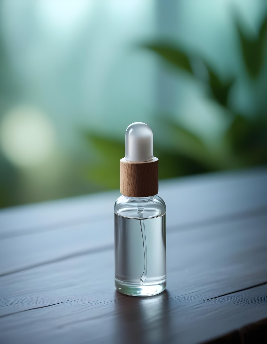 Minimal Soft Studio Light Photography A Clear Glass Dropper Bottle Filled With A Liquid Placed On A Wooden Surface The Background Is Softly Blurred Suggesting A Natural Setting With Greenery High Detail Solid Bol 23 D8fc