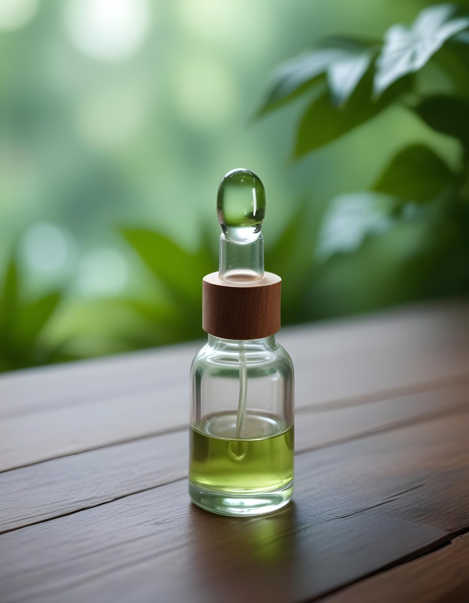 Minimal Soft Studio Light Photography A Clear Glass Dropper Bottle Filled With A Liquid Placed On A Wooden Surface The Background Is Softly Blurred Suggesting A Natural Setting With Greenery High Detail Solid Bol 24 2a18