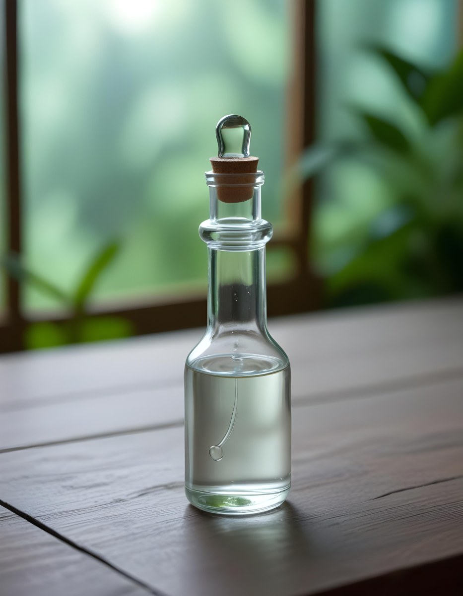 Minimal Soft Studio Light Photography A Clear Glass Dropper Bottle Filled With A Liquid Placed On A Wooden Surface The Background Is Softly Blurred Suggesting A Natural Setting With Greenery High Detail Solid Bol 3 A2f5