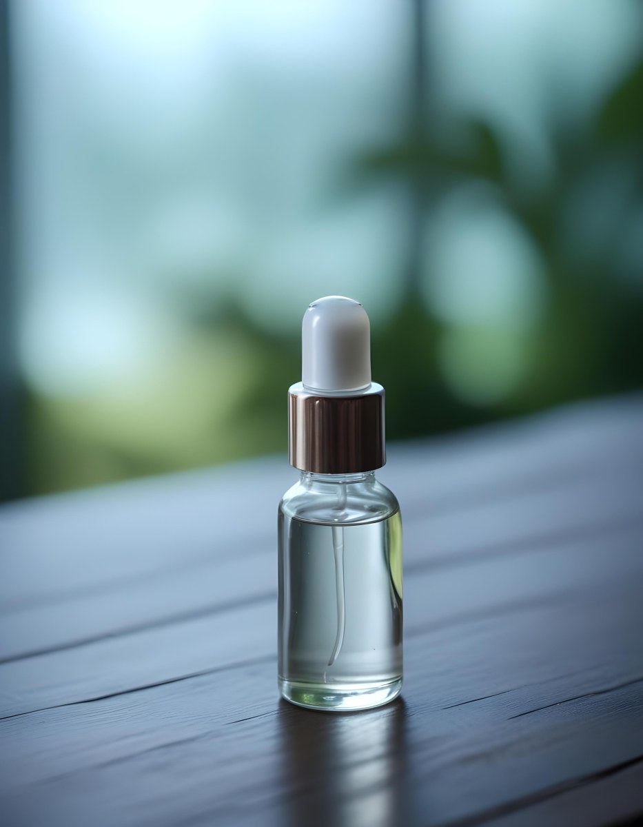 Minimal Soft Studio Light Photography A Clear Glass Dropper Bottle Filled With A Liquid Placed On A Wooden Surface The Background Is Softly Blurred Suggesting A Natural Setting With Greenery High Detail Solid Bol 4 Af59