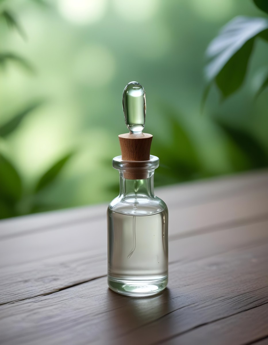 Minimal Soft Studio Light Photography A Clear Glass Dropper Bottle Filled With A Liquid Placed On A Wooden Surface The Background Is Softly Blurred Suggesting A Natural Setting With Greenery High Detail Solid Bol 6 F14a
