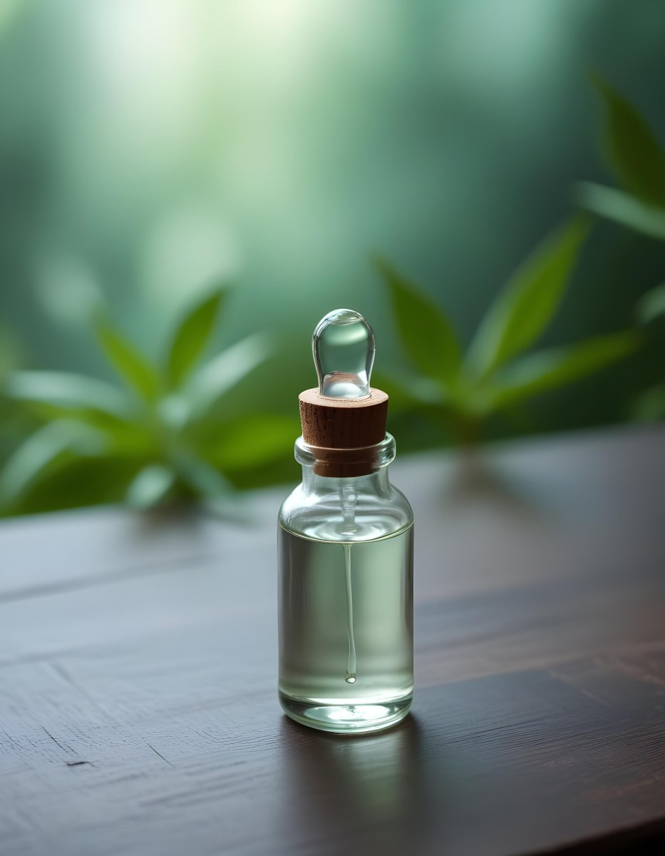 Minimal Soft Studio Light Photography A Clear Glass Dropper Bottle Filled With A Liquid Placed On A Wooden Surface The Background Is Softly Blurred Suggesting A Natural Setting With Greenery High Detail Solid Bol 7 D1fa