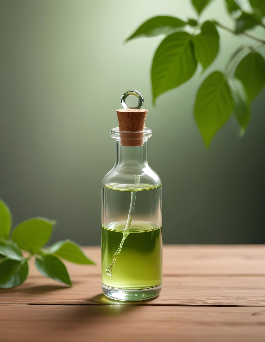 Minimal Soft Studio Light Photography A Clear Glass Dropper Bottle Filled With A Liquid Placed On A Wooden Surface The Background Is Softly Blurred Suggesting A Natural Setting With Greenery High Detail Solid Bol 8 59d9