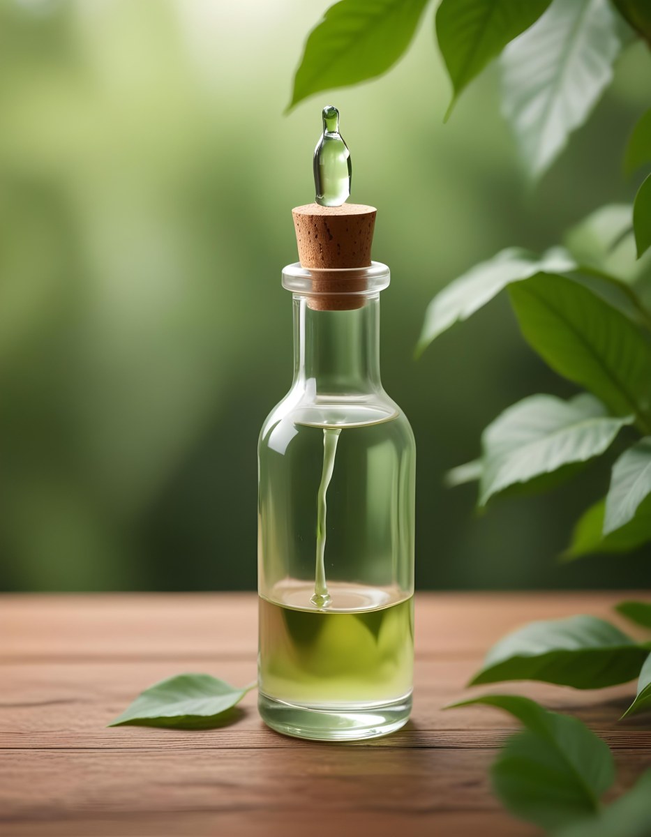 Minimal Soft Studio Light Photography A Clear Glass Dropper Bottle Filled With A Liquid Placed On A Wooden Surface The Background Is Softly Blurred Suggesting A Natural Setting With Greenery High Detail Solid Bol 9 3dab