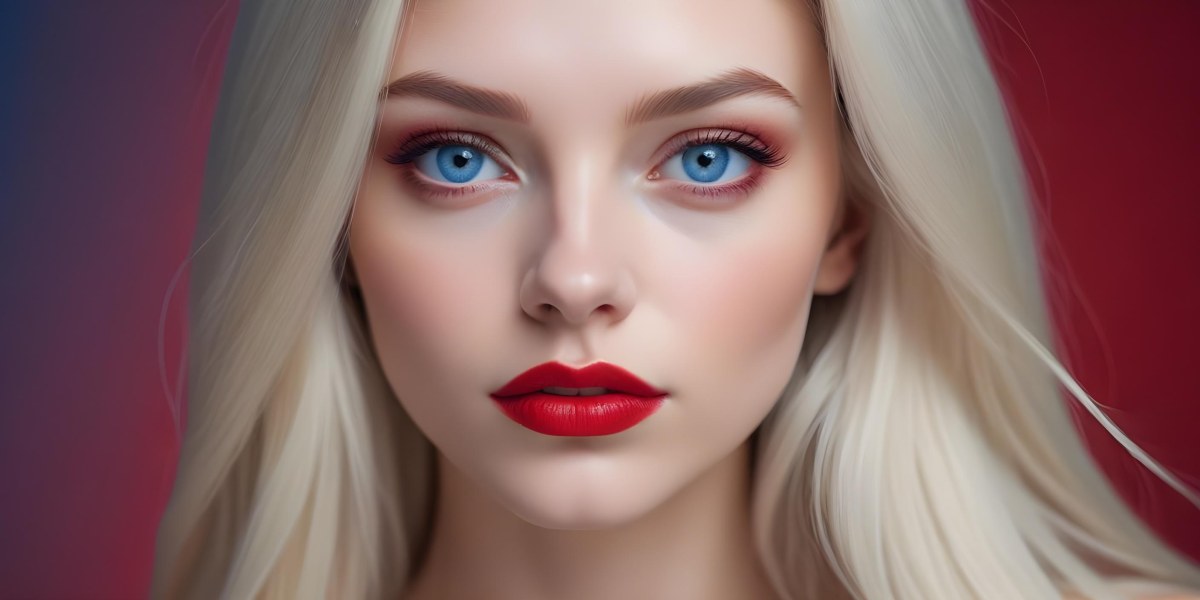 Minimal Soft Studio Light Photography A Close Up Portrait Of A Young Caucasian Woman With Long Straight Platinum Blonde Hair And Bright Blue Eyes She Has Full Red Lips And Is Wearing Dramatic Makeup The Backg 24 880c