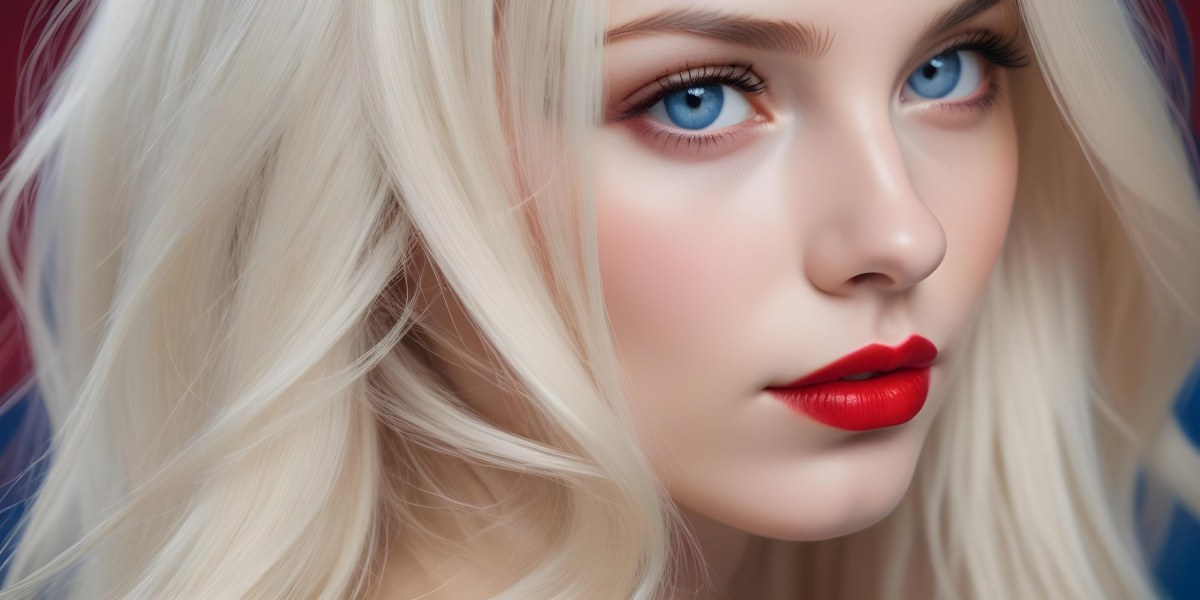 Minimal Soft Studio Light Photography A Close Up Portrait Of A Young Caucasian Woman With Long Straight Platinum Blonde Hair And Bright Blue Eyes She Has Full Red Lips And Is Wearing Dramatic Makeup The Backg 25 D59c