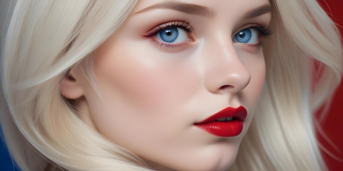 Minimal Soft Studio Light Photography A Close Up Portrait Of A Young Caucasian Woman With Long Straight Platinum Blonde Hair And Bright Blue Eyes She Has Full Red Lips And Is Wearing Dramatic Makeup The Backg 28 Ef42