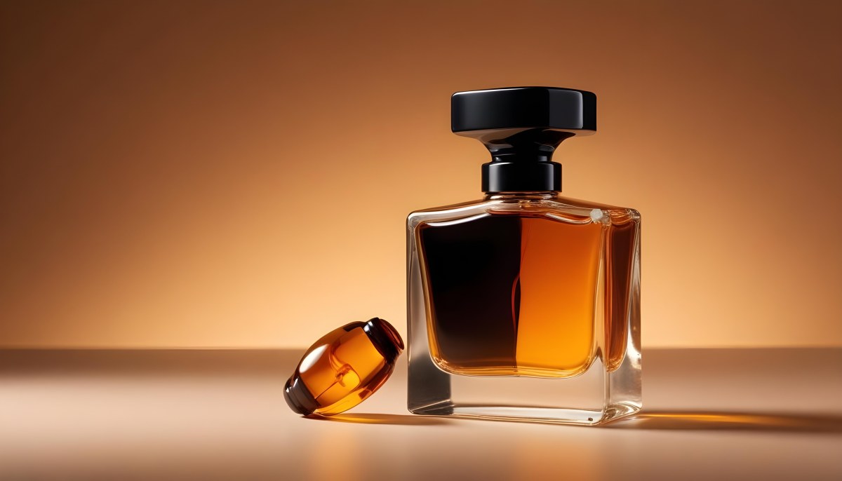 Minimal Soft Studio Light Photography A Glass Perfume Bottle With A Black Cap Filled With Amber Colored Liquid High Detail Solid Bold Color Background 10 4130