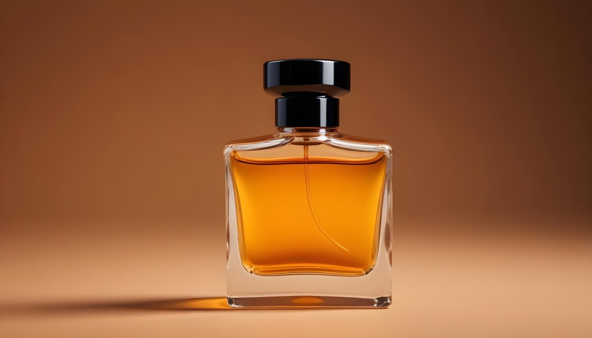 Minimal Soft Studio Light Photography A Glass Perfume Bottle With A Black Cap Filled With Amber Colored Liquid High Detail Solid Bold Color Background 12 Dca1