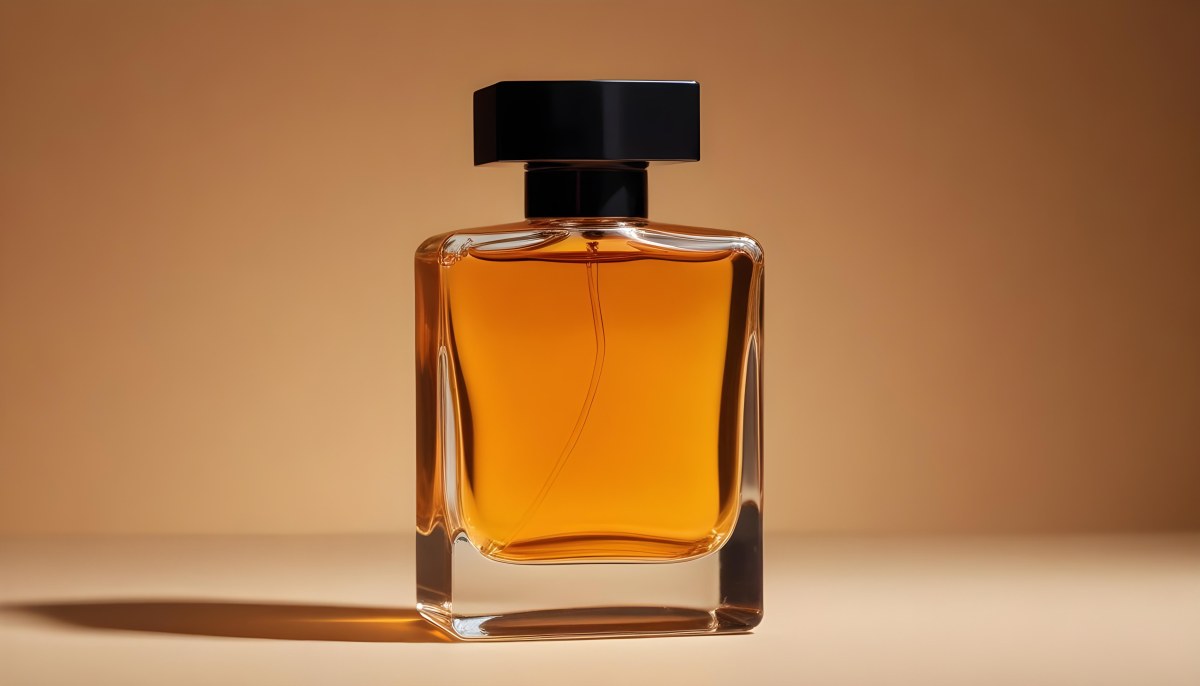Minimal Soft Studio Light Photography A Glass Perfume Bottle With A Black Cap Filled With Amber Colored Liquid High Detail Solid Bold Color Background 16 7bb4