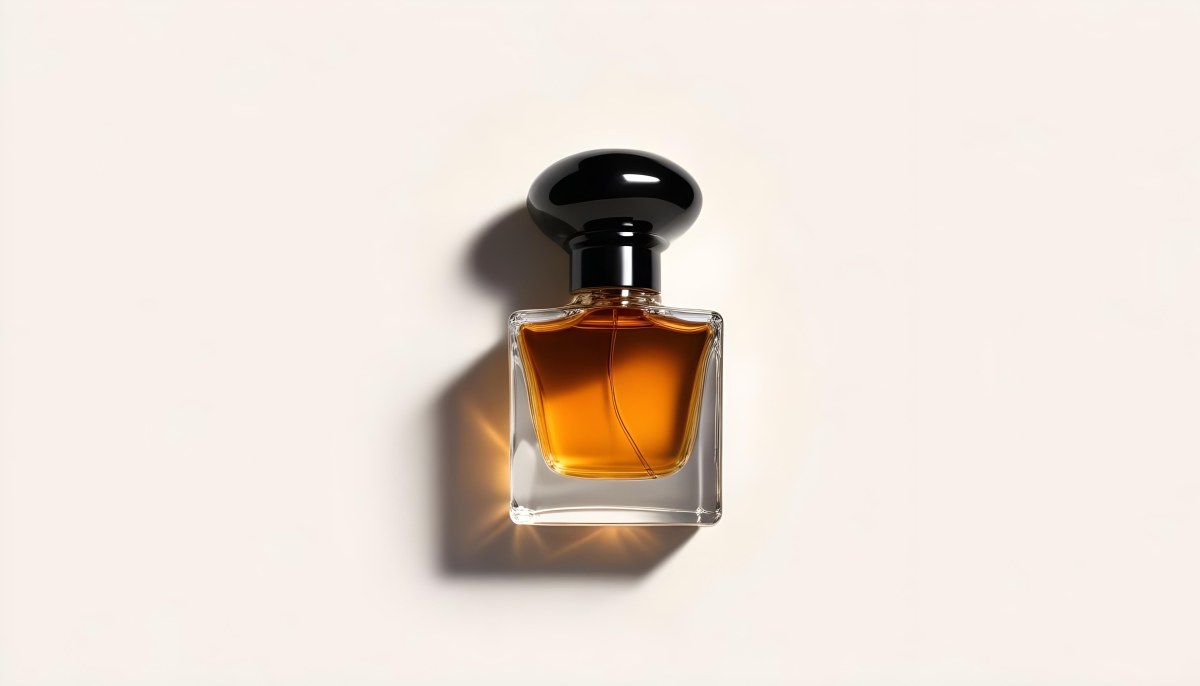 Minimal Soft Studio Light Photography A Glass Perfume Bottle With A Black Cap Filled With Amber Colored Liquid High Detail Solid Bold Color Background 2 07db