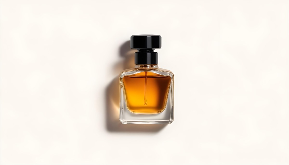 Minimal Soft Studio Light Photography A Glass Perfume Bottle With A Black Cap Filled With Amber Colored Liquid High Detail Solid Bold Color Background 21 6b51