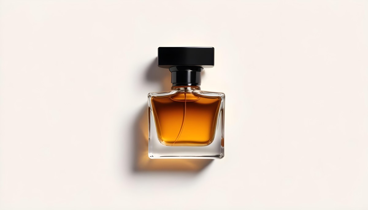 Minimal Soft Studio Light Photography A Glass Perfume Bottle With A Black Cap Filled With Amber Colored Liquid High Detail Solid Bold Color Background 26 0aa4