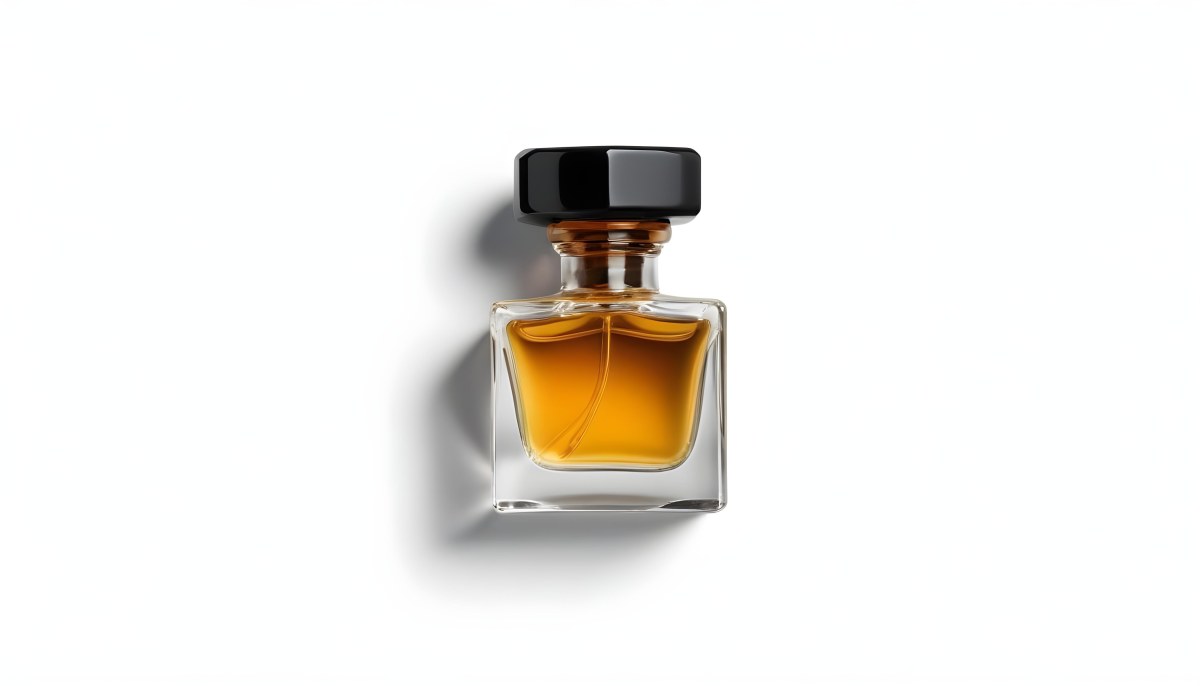 Minimal Soft Studio Light Photography A Glass Perfume Bottle With A Black Cap Filled With Amber Colored Liquid High Detail Solid Bold Color Background 27 Cfd5