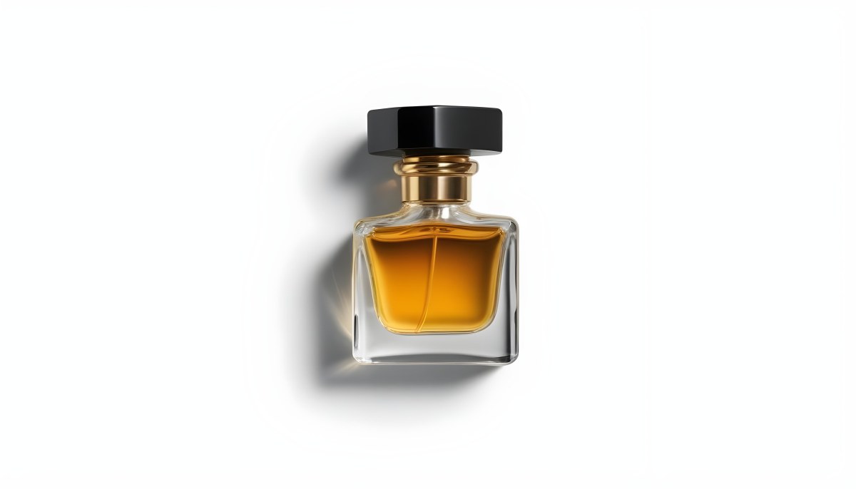 Minimal Soft Studio Light Photography A Glass Perfume Bottle With A Black Cap Filled With Amber Colored Liquid High Detail Solid Bold Color Background 28 6b5b