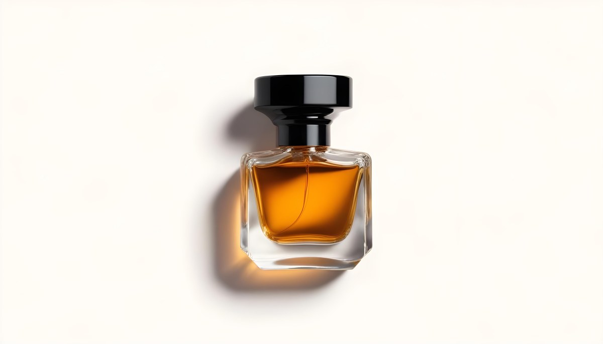 Minimal Soft Studio Light Photography A Glass Perfume Bottle With A Black Cap Filled With Amber Colored Liquid High Detail Solid Bold Color Background 29 8fab