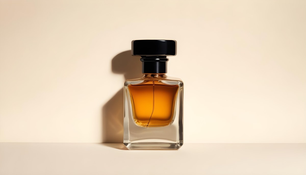 Minimal Soft Studio Light Photography A Glass Perfume Bottle With A Black Cap Filled With Amber Colored Liquid High Detail Solid Bold Color Background 3 Ae79