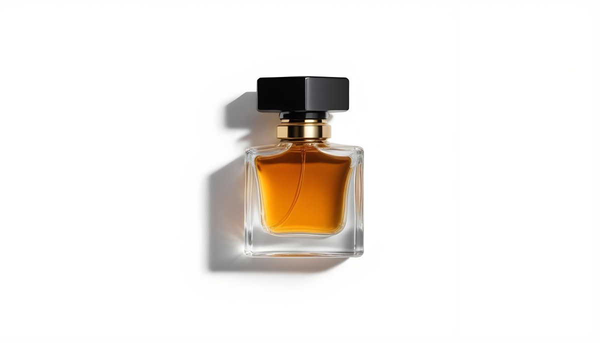 Minimal Soft Studio Light Photography A Glass Perfume Bottle With A Black Cap Filled With Amber Colored Liquid High Detail Solid Bold Color Background 30 70d6