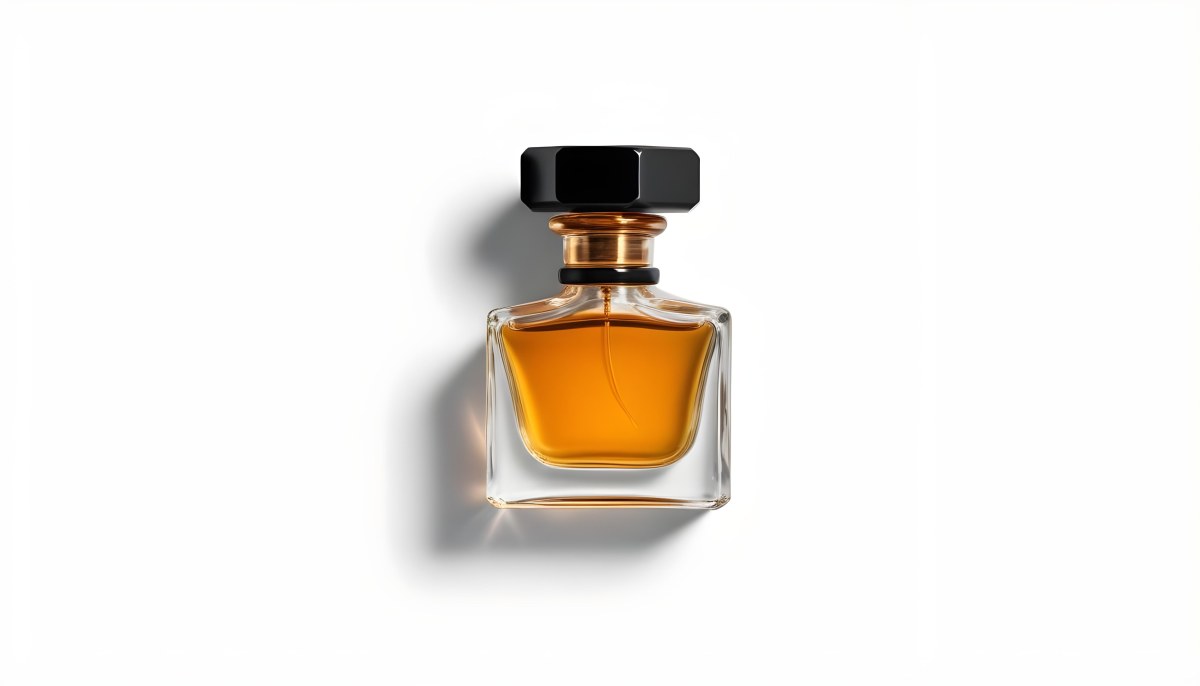 Minimal Soft Studio Light Photography A Glass Perfume Bottle With A Black Cap Filled With Amber Colored Liquid High Detail Solid Bold Color Background 31 950b