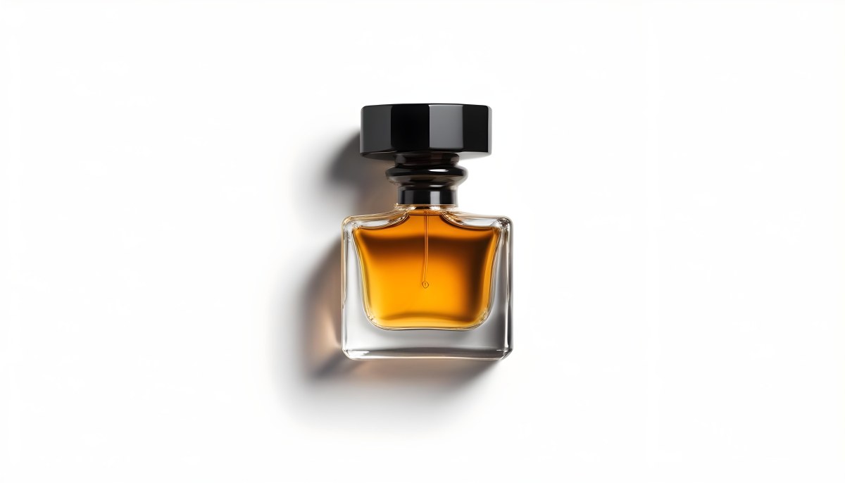 Minimal Soft Studio Light Photography A Glass Perfume Bottle With A Black Cap Filled With Amber Colored Liquid High Detail Solid Bold Color Background 32 C95c