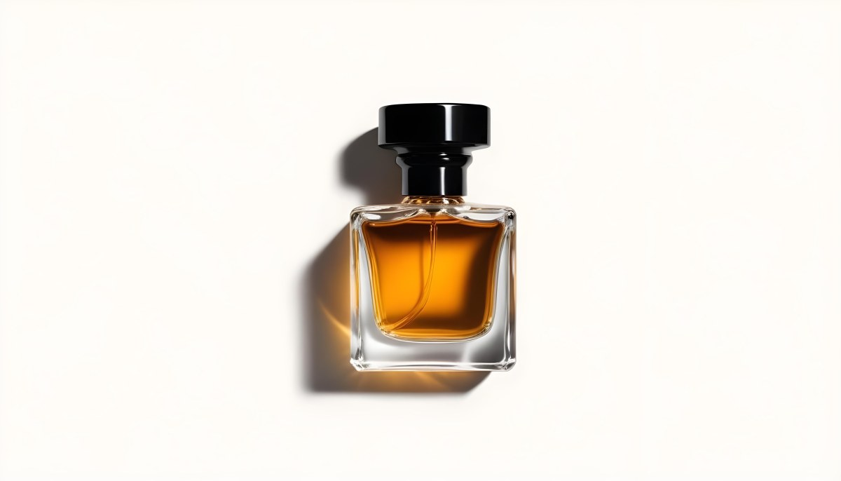 Minimal Soft Studio Light Photography A Glass Perfume Bottle With A Black Cap Filled With Amber Colored Liquid High Detail Solid Bold Color Background 4 Ae45