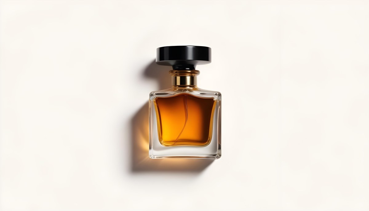 Minimal Soft Studio Light Photography A Glass Perfume Bottle With A Black Cap Filled With Amber Colored Liquid High Detail Solid Bold Color Background 5 Bdeb