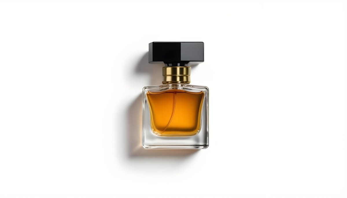 Minimal Soft Studio Light Photography A Glass Perfume Bottle With A Black Cap Filled With Amber Colored Liquid High Detail Solid Bold Color Background 9 Be8e