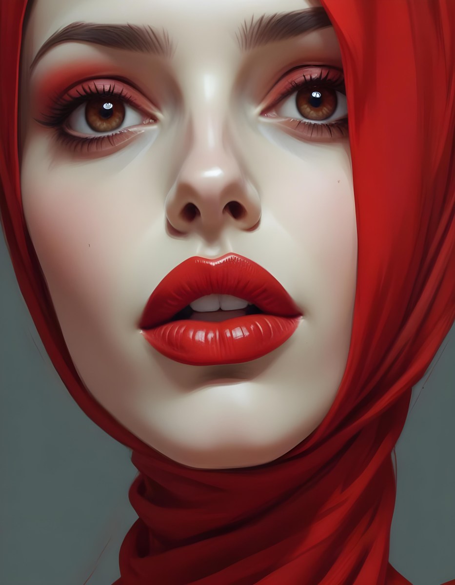 Minimal Soft Studio Light Photography A Middle Eastern Woman With Pale Skin Dark Eyes And Bright Red Lips Wearing A Red Hijab High Detail Solid Bold Color Background 14 342d