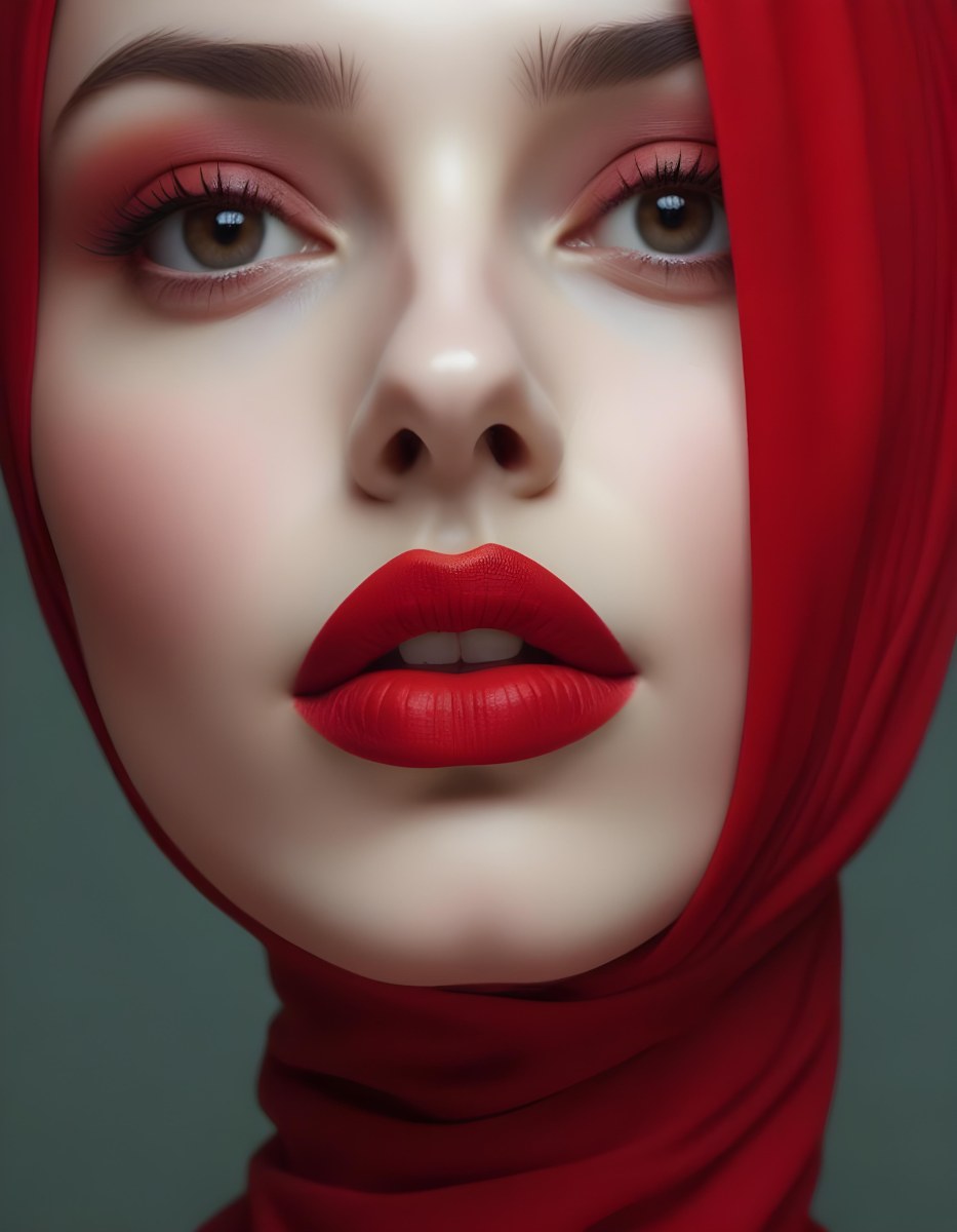 Minimal Soft Studio Light Photography A Middle Eastern Woman With Pale Skin Dark Eyes And Bright Red Lips Wearing A Red Hijab High Detail Solid Bold Color Background 18 057c
