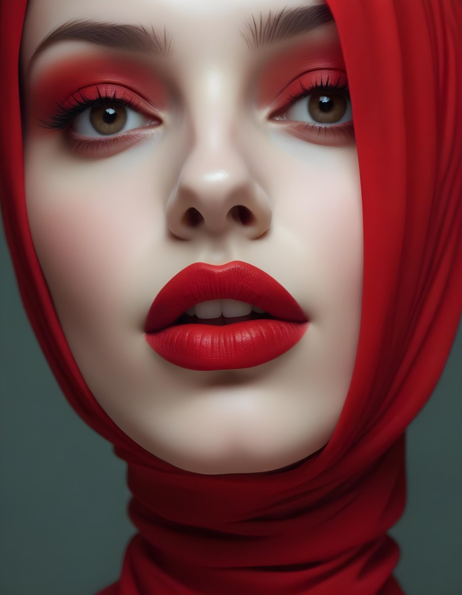 Minimal Soft Studio Light Photography A Middle Eastern Woman With Pale Skin Dark Eyes And Bright Red Lips Wearing A Red Hijab High Detail Solid Bold Color Background 19 344d