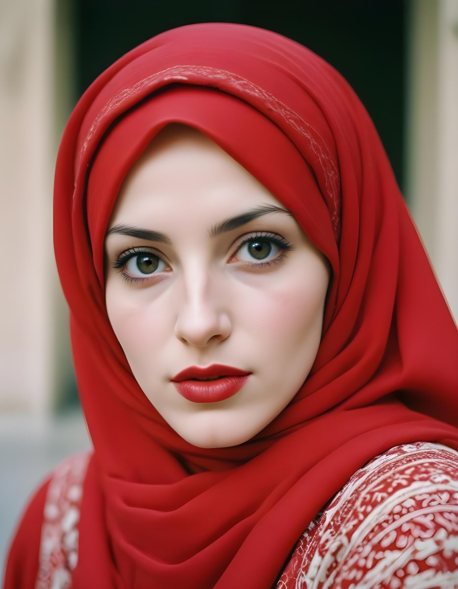 Minimal Soft Studio Light Photography A Middle Eastern Woman With Pale Skin Dark Eyes And Bright Red Lips Wearing A Red Hijab High Detail Solid Bold Color Background 2 9887