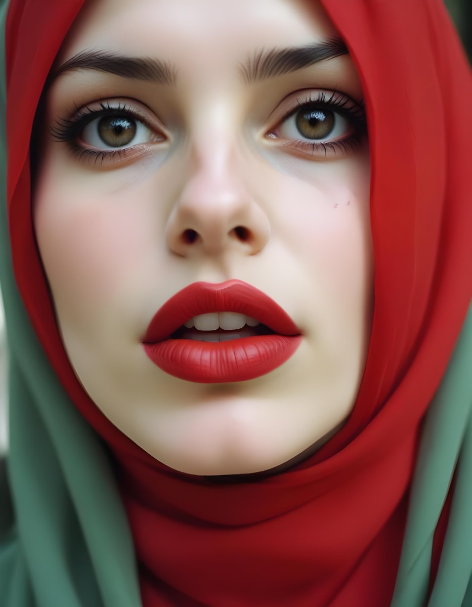 Minimal Soft Studio Light Photography A Middle Eastern Woman With Pale Skin Dark Eyes And Bright Red Lips Wearing A Red Hijab High Detail Solid Bold Color Background 4 37df