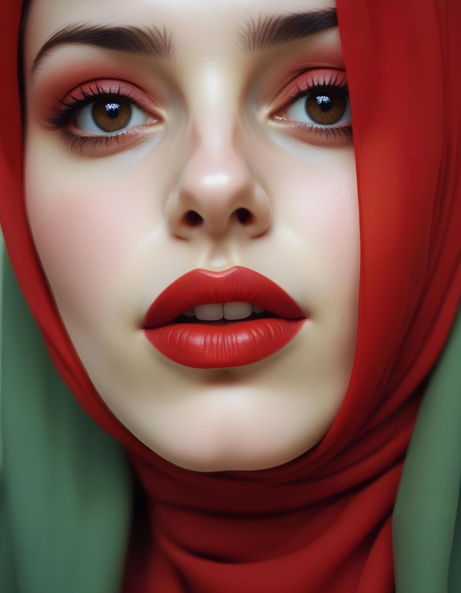 Minimal Soft Studio Light Photography A Middle Eastern Woman With Pale Skin Dark Eyes And Bright Red Lips Wearing A Red Hijab High Detail Solid Bold Color Background 6 5072