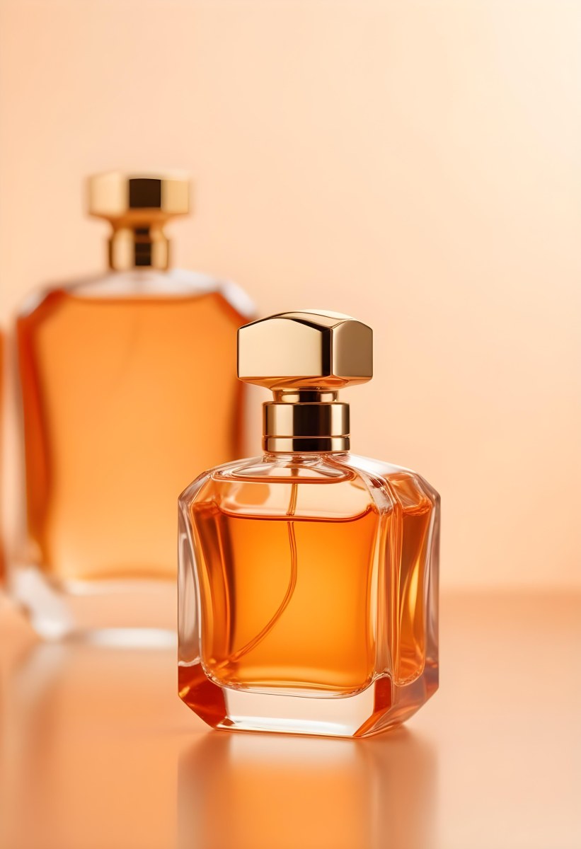 Minimal Soft Studio Light Photography A Perfume Bottle With A Golden Cap In A Soft Orange Color Palette With Another Bottle Blurred In The Background High Detail Solid Bold Color Background 11 62ce